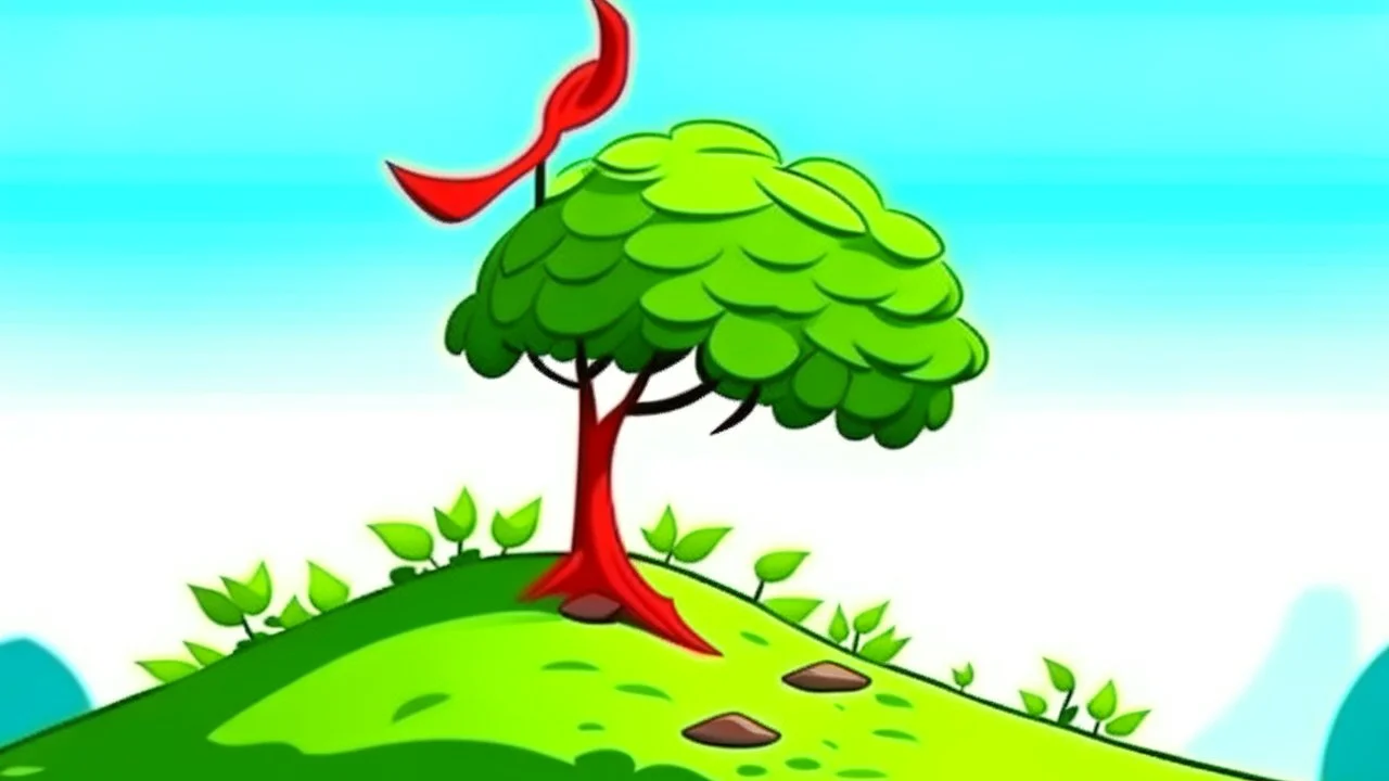 fantasy cartoon illustration: a shrub on a hill, there is a red ribbon on the shrub