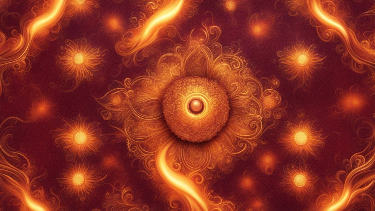 Hyper Realistic Glowing-Golden-Groovy-Patterns on Maroon-&-Orange-background with fire-embers on it