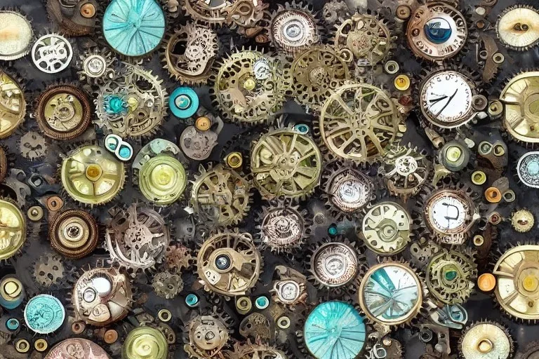 fractal world, steampunk fishes, multi color, beautiful marble eyes, gears