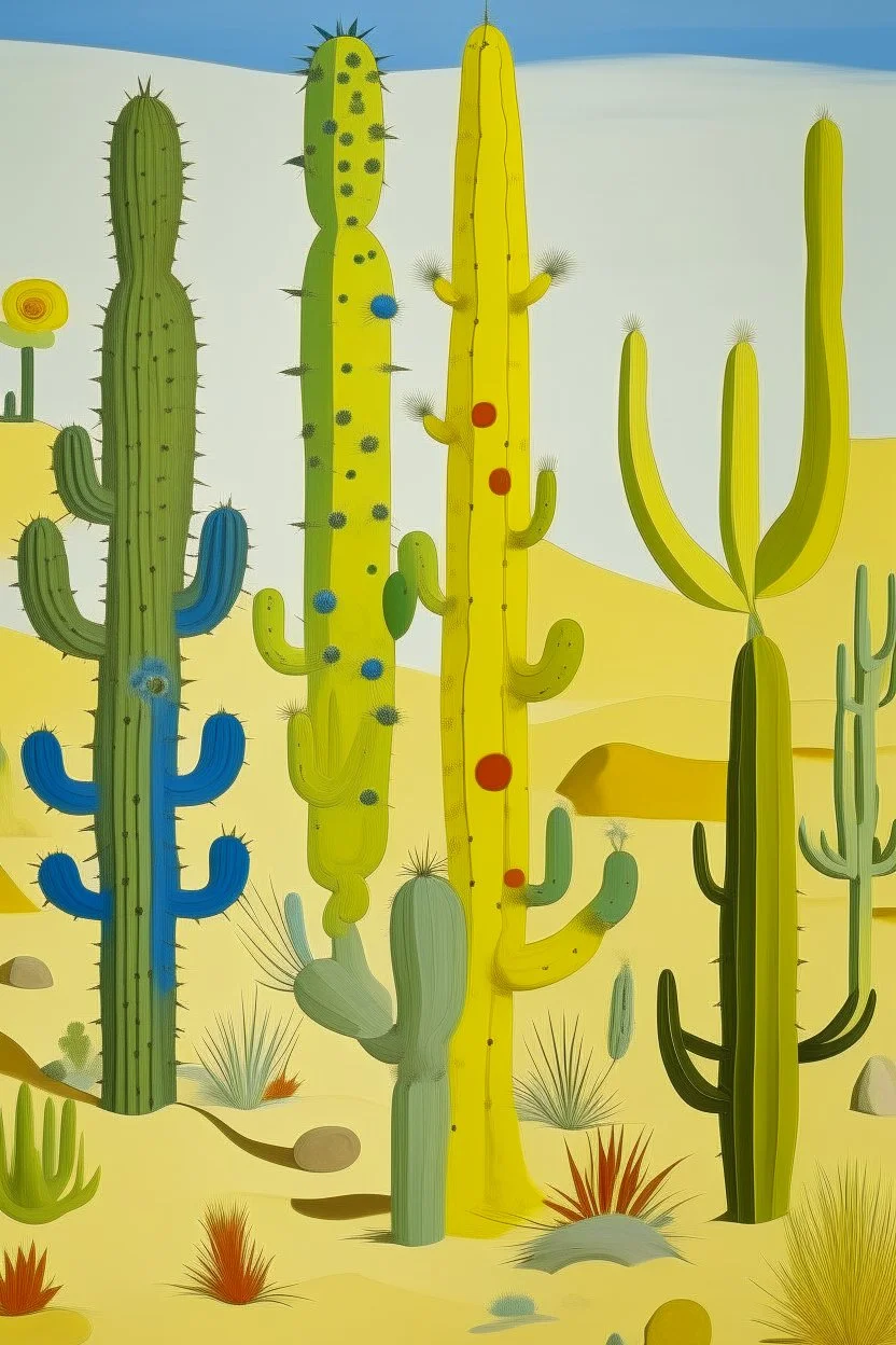 A pale yellow desert with cactus designed in pacific Northwest totem poles painted by Joan Miro