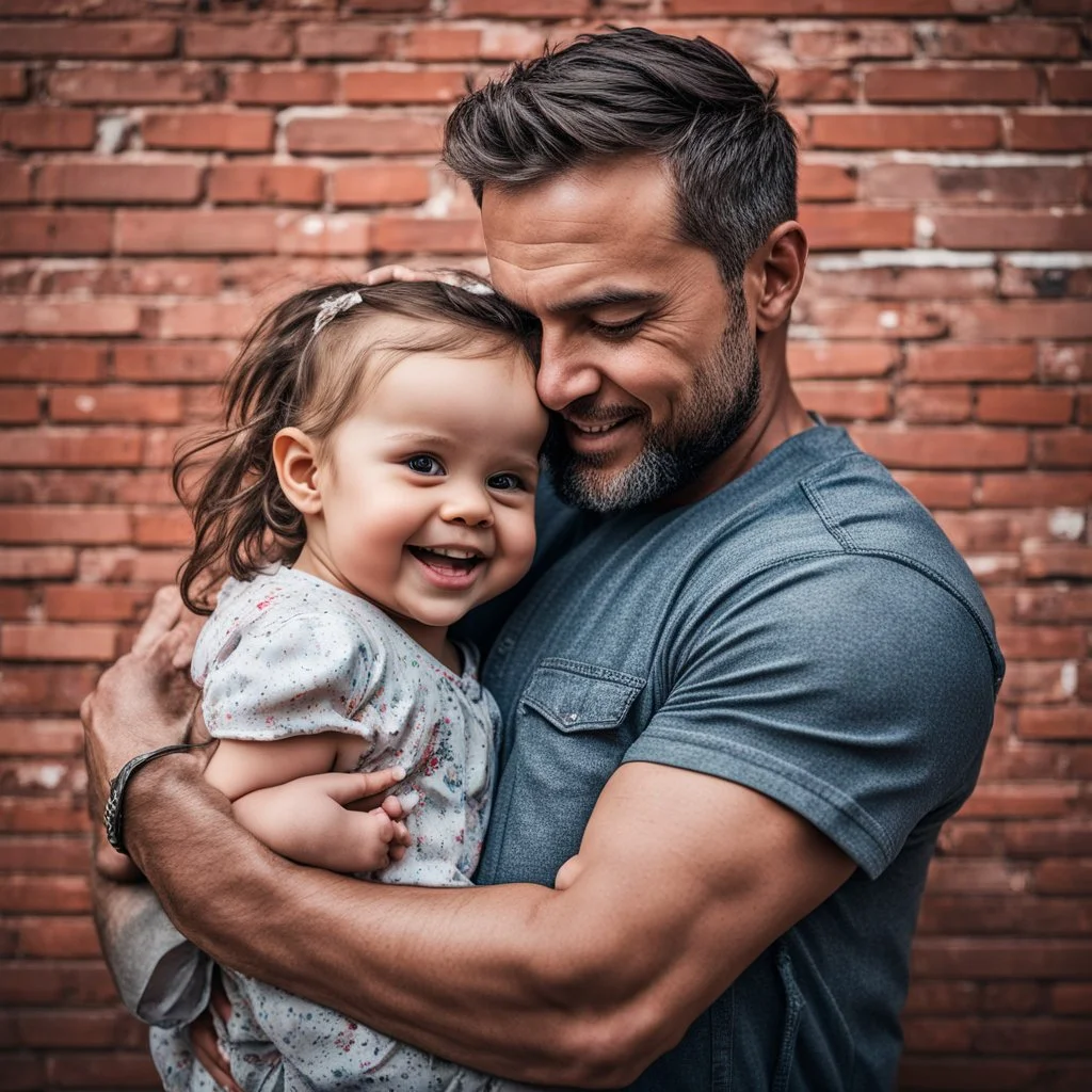 An amazingly beautifully detailed heartwarming waist-up portrait of a father hugging his toddler daughter, expressive faces, detailed eyes, blank red brick wall background, splash art, street style, concept art, photograph taken on Canon EF 24-70mm f/2.8L II USM lens on a Canon EOS 5D Mark IV camera. Intricately detailed, triadic colors. Cinematic film still, shot on v-raptor XL, film grain, vignette, color graded, post-processed, cinematic lighting, 35mm film, live-action, best quality, atmosph