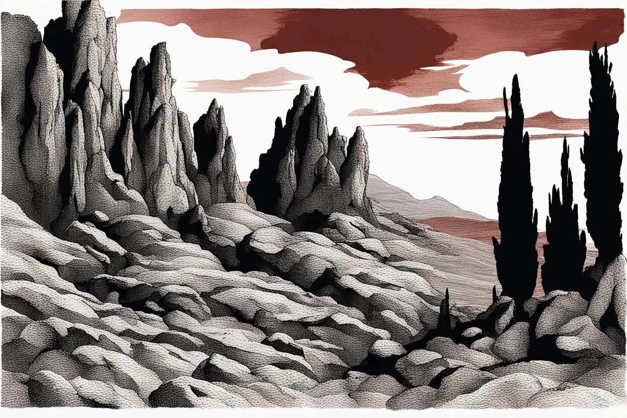 mountains, a gloomy rocky landscape, cypresses stretching up in the foreground, rocks and a bloody sky in the background