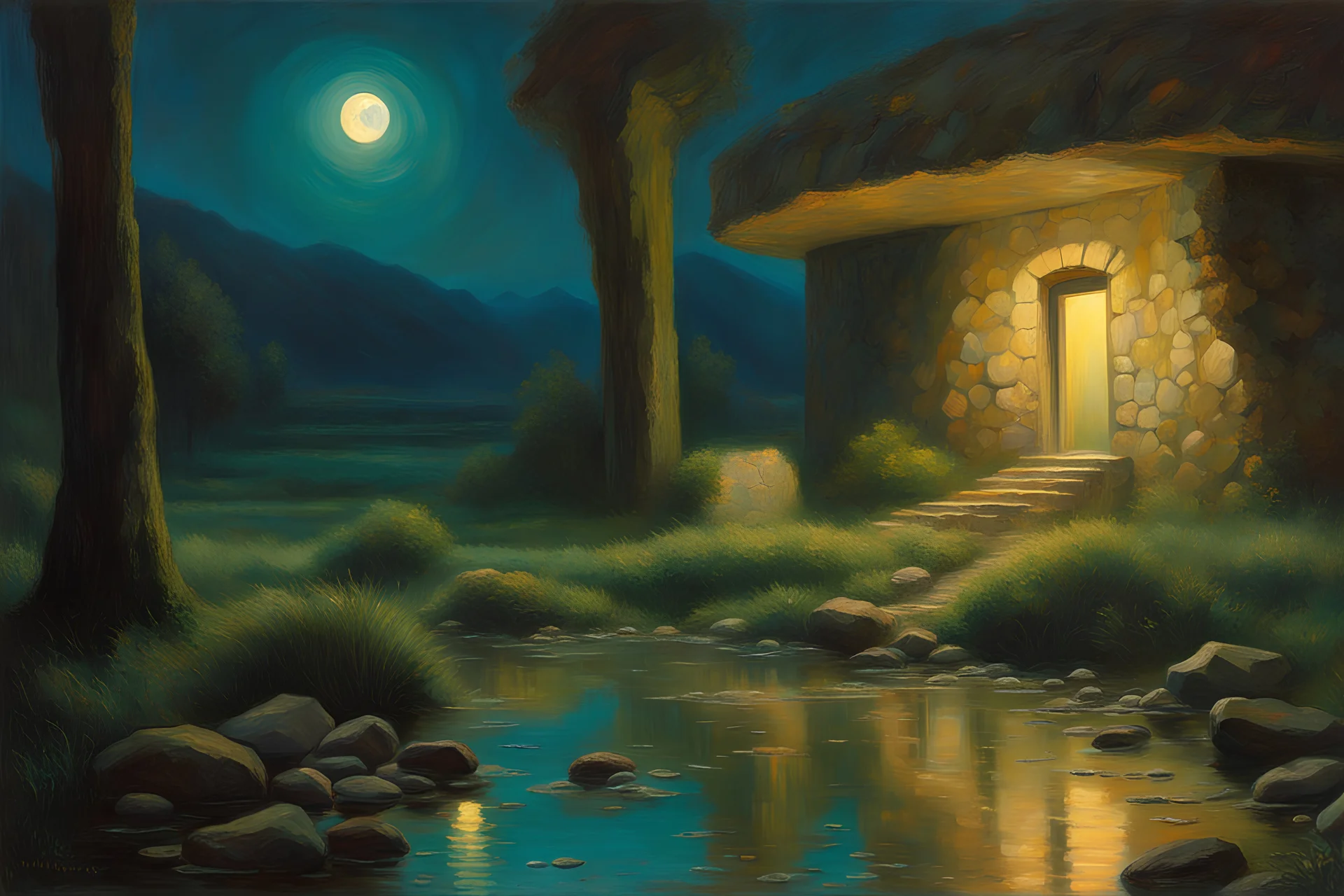 Night, rocks, puddle, mountains, beyond and trascendent influence, philosophic, 2000's sci-fi movies influence, emile claus and friedrich eckenfelder and auguste oleffe impressionism paintings