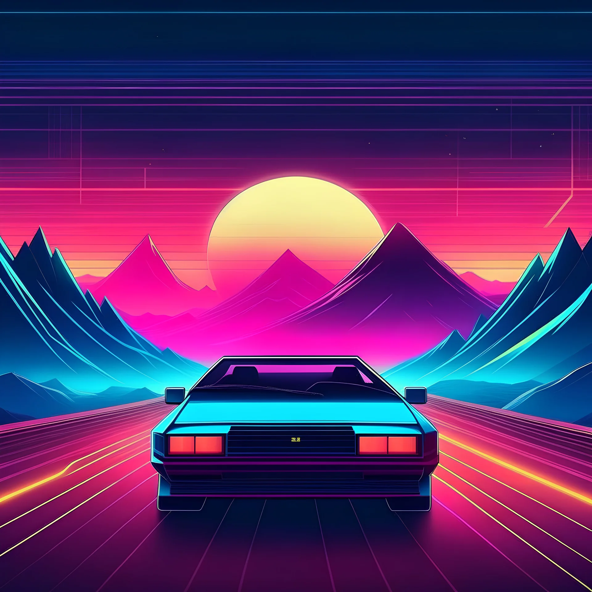 Modern album cover for a playlist created for a car journey. The playlist features an awesome mix of music from lots of different musical artists. 80s poster style