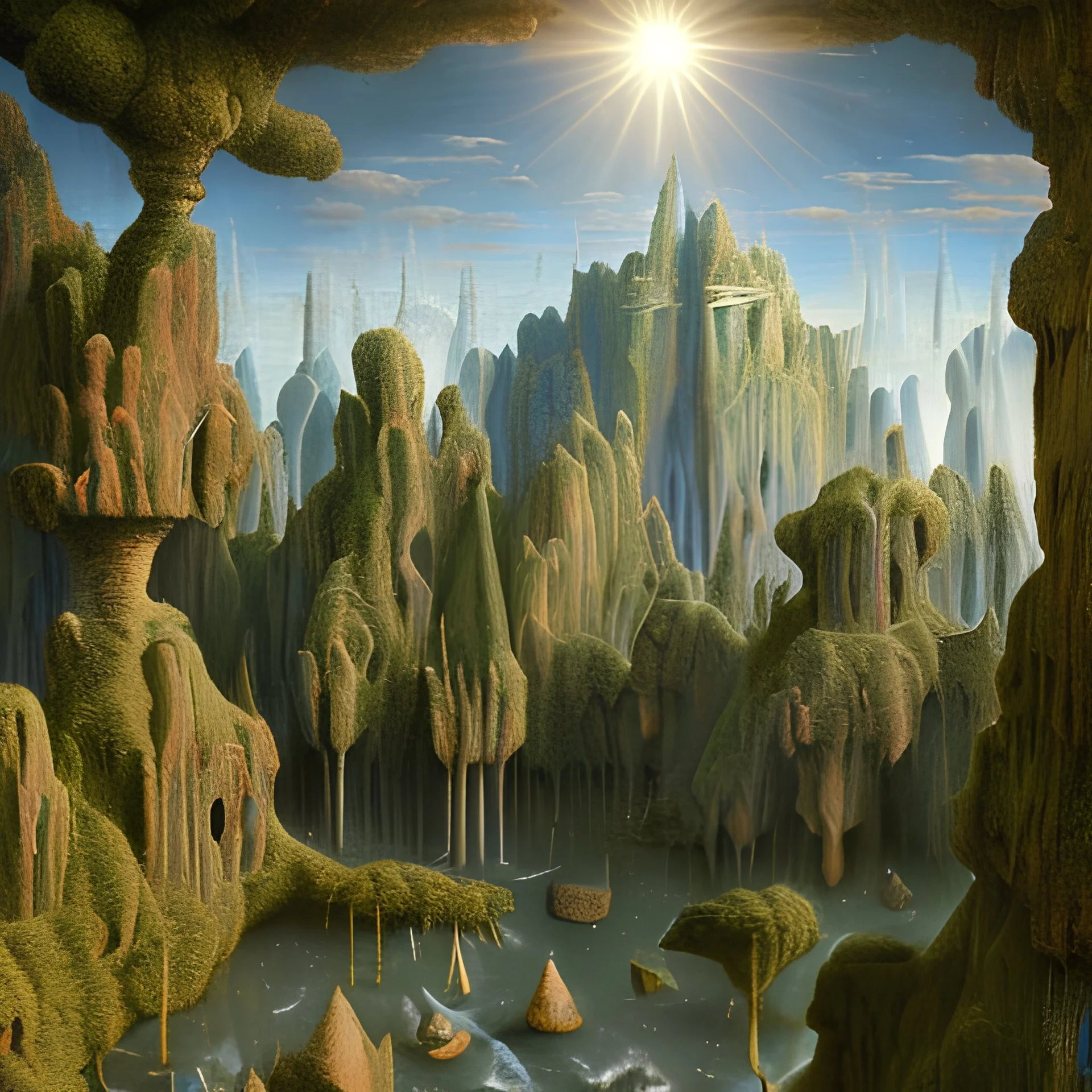 An incredibly peaceful detailed landscape, primordial nature, by Max Ernst, Giotto, bas-relief, detailed, high resolution, volumetric light, 8k, 3d, cinematic