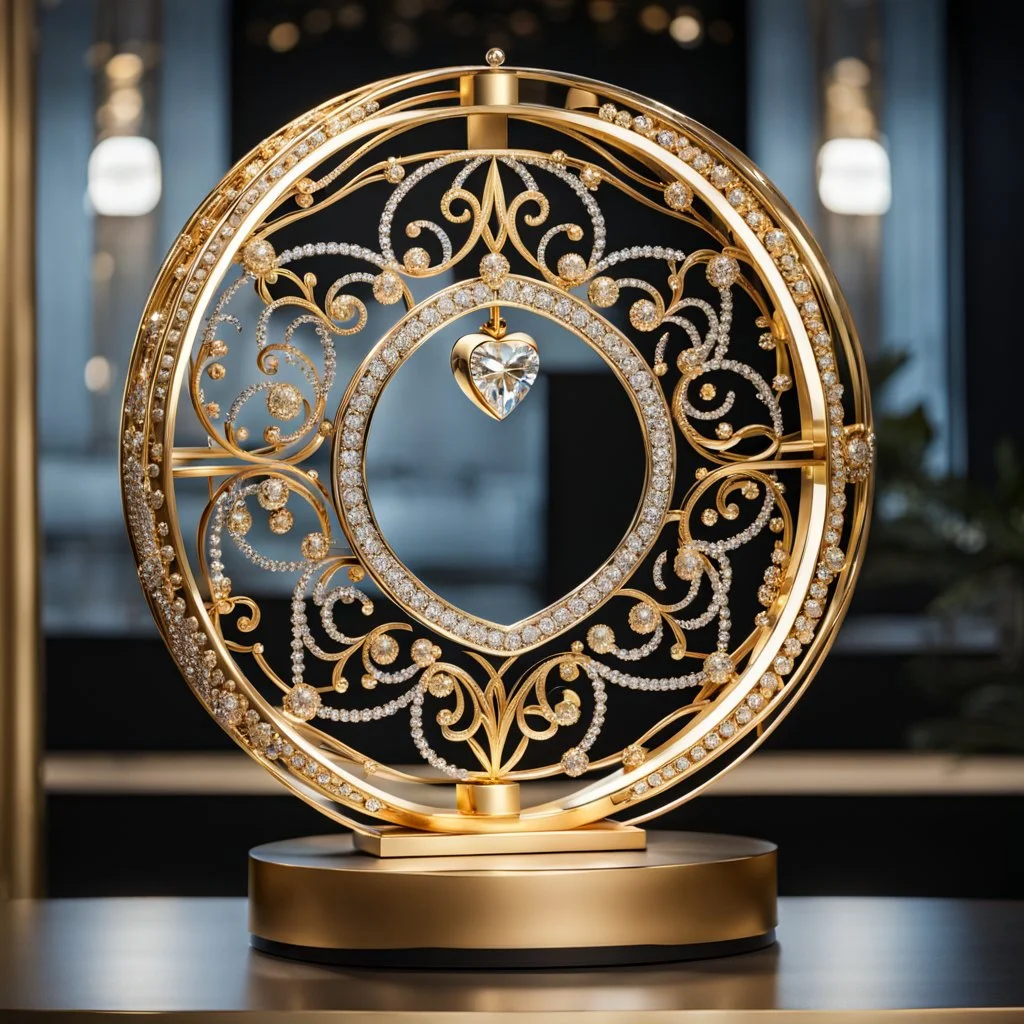 A magnificent golden and silver heart-shaped sign adorned with a stunning golden sphere encrusted with sparkling diamond clusters at its center, elegantly spinning in position.