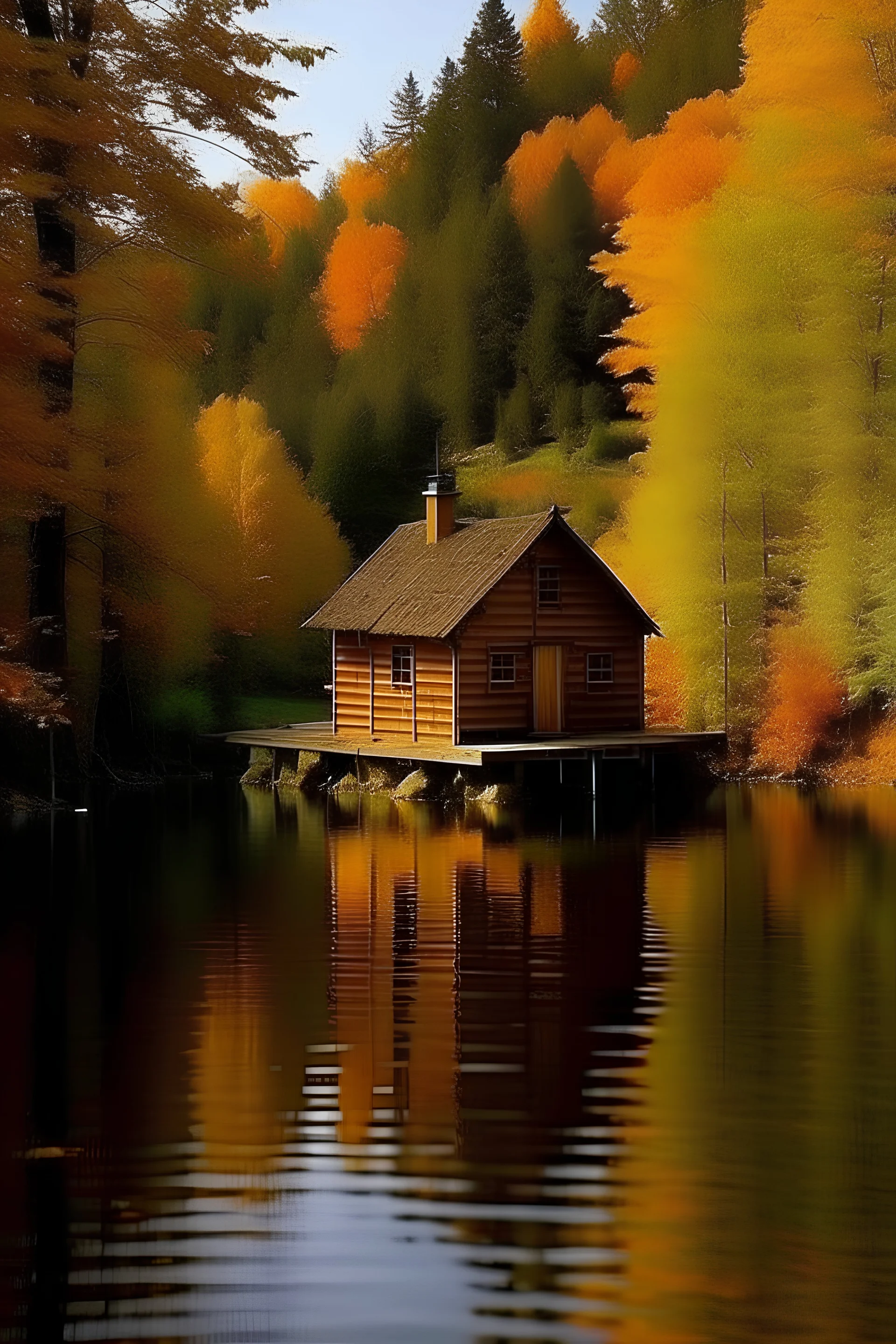 me imagino una cabaña en el medio del lago, rodeada de grandes arboles y muchos animales silvestres, en donde el cielo se tiñe de color naranja con las hojas de los arboles en un clima otoñal