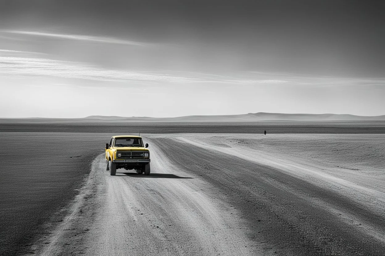 The yellow sky looms over the endless expanse of yellow fields in the West. A small red truck sits parked at two-thirds down the dusty road, a lone beacon of color against the monochrome landscape. The air is heavy with the scent of dry earth and distant memories, the sun beating down relentlessly, casting long shadows that stretch across the arid plains.
