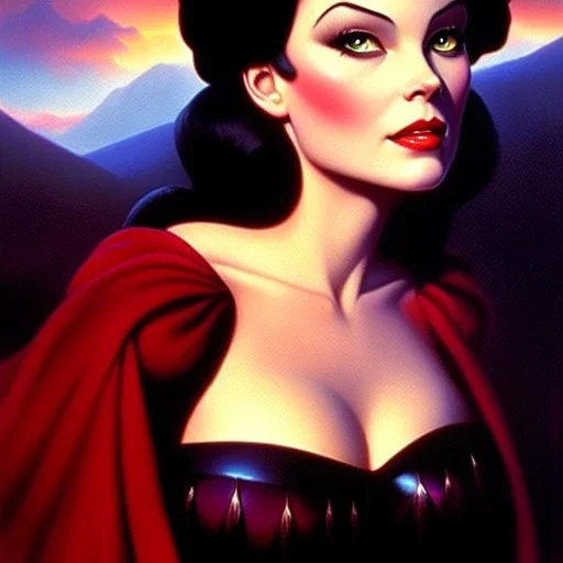 portrait of beautiful busty Snow White painting by Brom, oil on canvas, cinematic composition, extreme detail,cinematic composition,fit full head inside picture