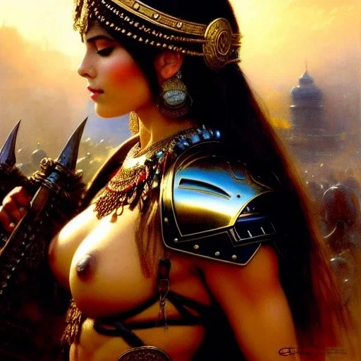 portrait beautiful face barbarian woman, busty,ancient metal armor balanciaga fashion clothe painting by gaston bussiere, greg rutkowski, yoji shinkawa, yoshitaka amano, tsutomu nihei, donato giancola, tim hildebrandt, oil on canvas, cinematic composition, extreme detail,fit full head inside picture,16k