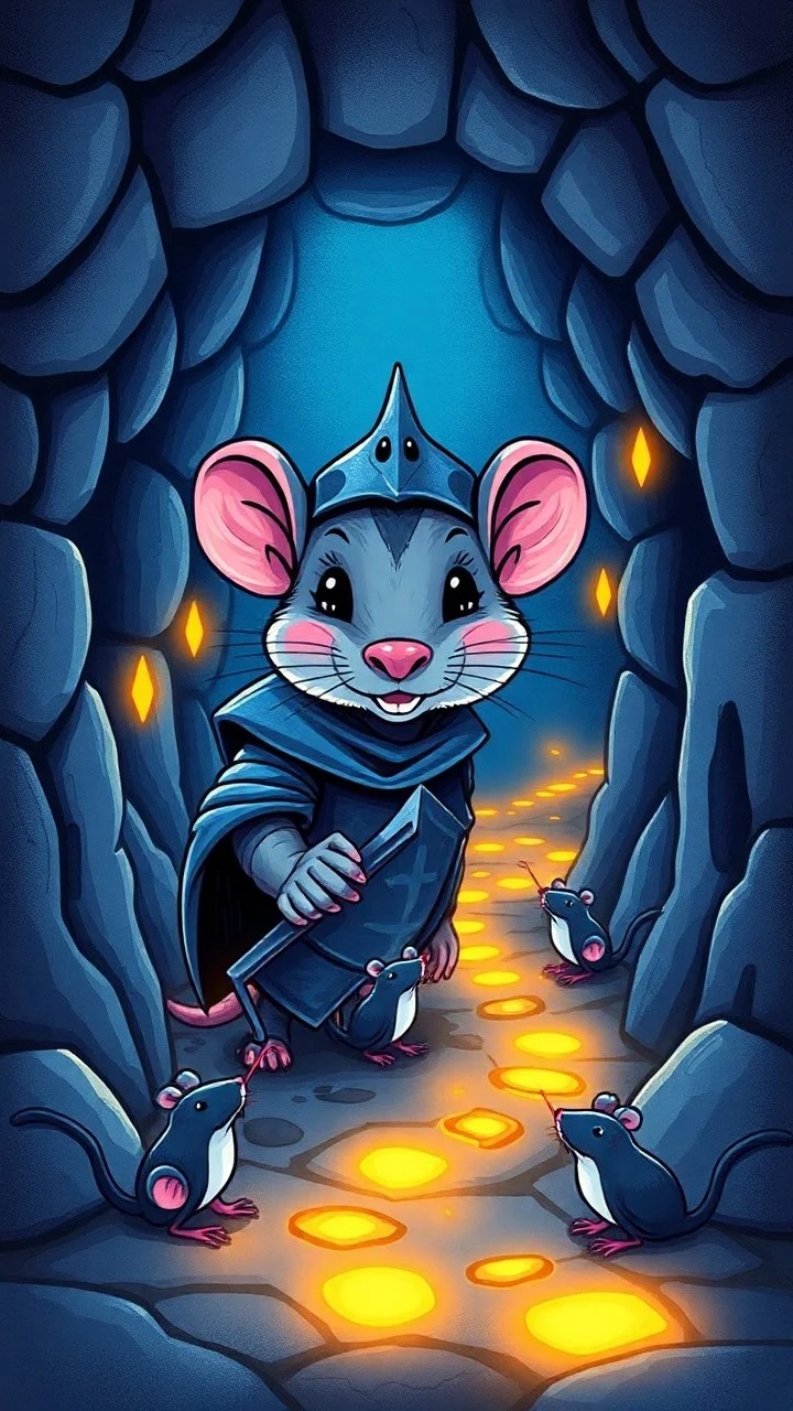 blue and black "Card front, rat knight portrait, cute,featuring a mystical dungeon design with glowing trails, tiny cartoon rats exploring paths, whimsical fantasy vibe, glowing runes, vibrant and colorful, symmetrical layout, polished illustration style."