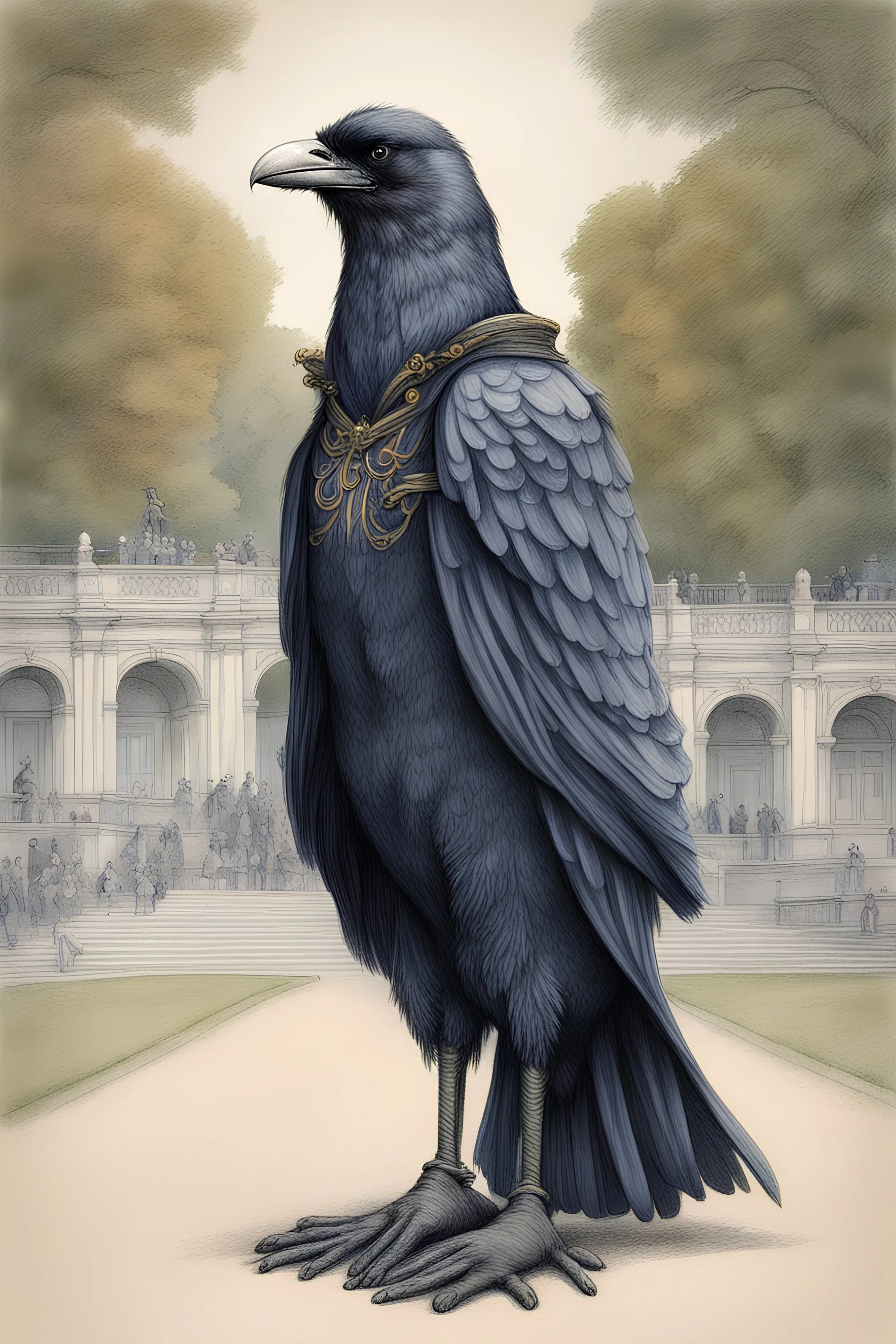 Pencil colour drawing. Anthropomorphic raven dressed in empress Elizabeth style standing in Schönbrunn park in Vienna