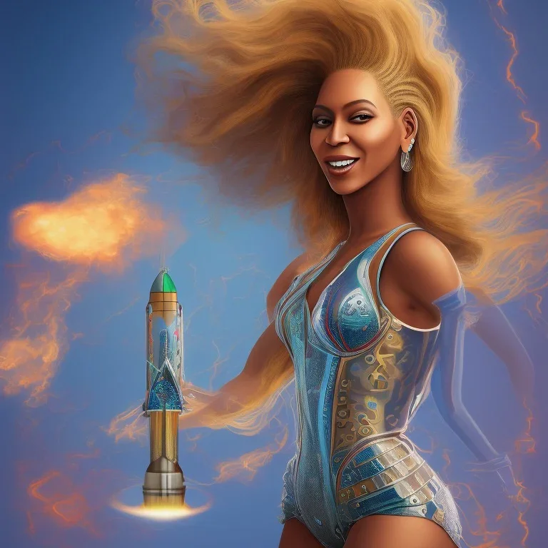 beyonce riding a rocket with a terminal logo