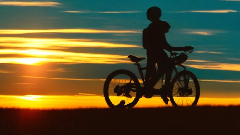 Silhouette of a lone rider on the green hill at sunrise