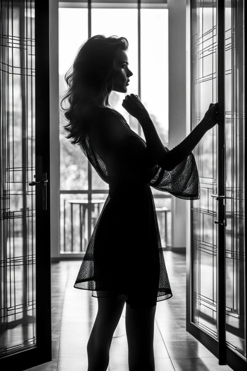 behind a glass door dancing a silhouette of one nice woman, high quality, highly detailed, stunning, high realistic picture, impressive, sharp focus, perfect body, perfect shot, professional photo, noir