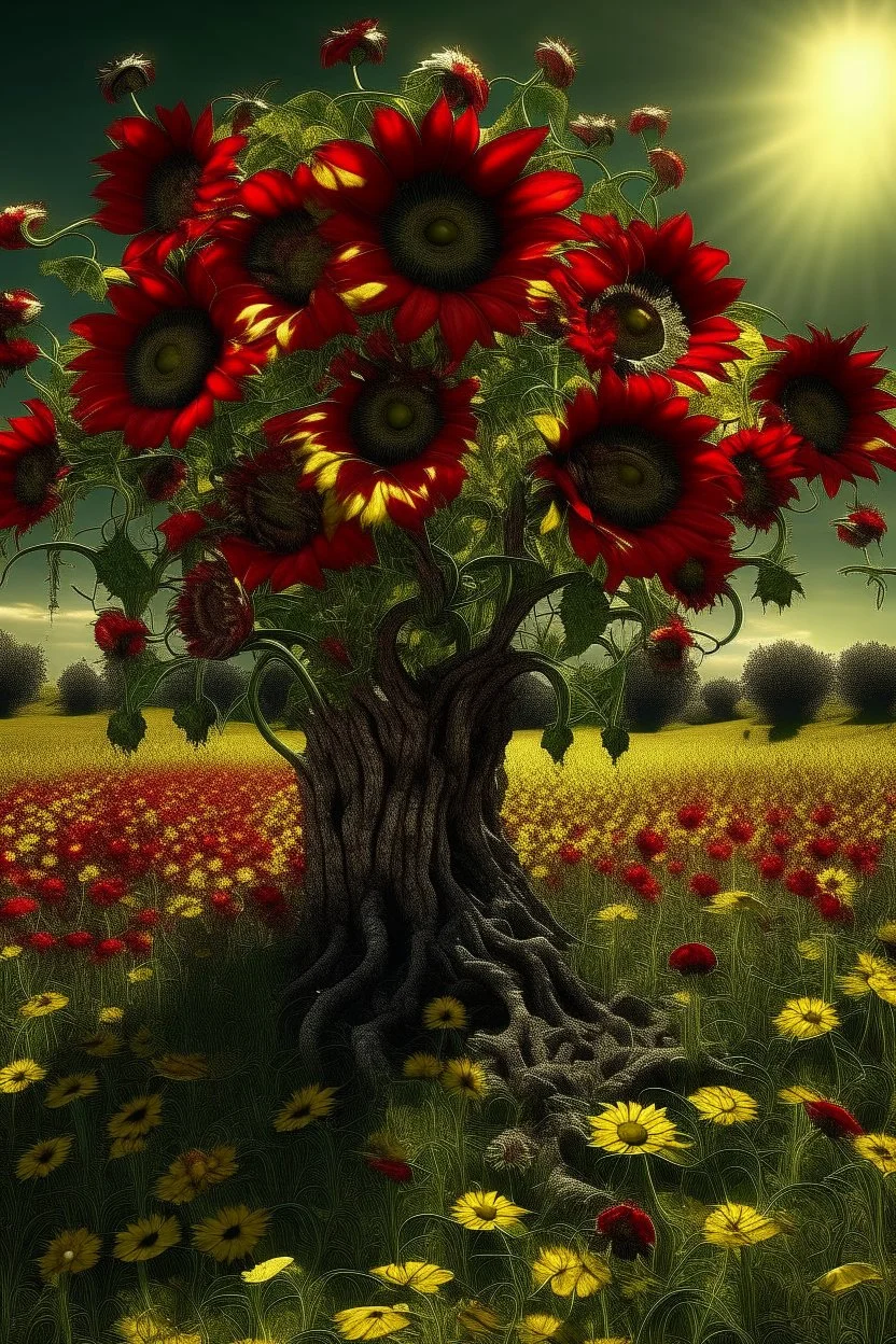 A sunflower tree surrounded with red poppies growing out of a zombie
