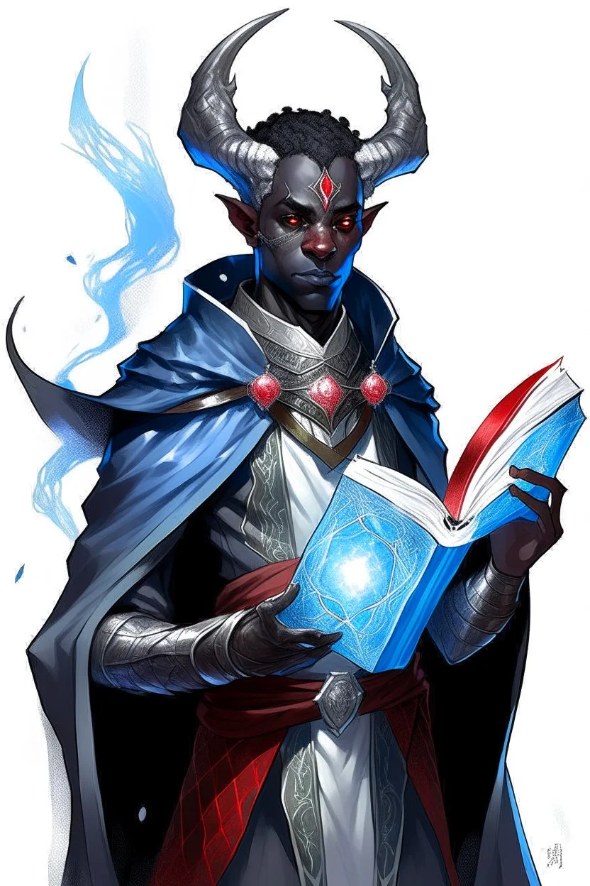 En Young male black skin tiefling fra dnd holding a book with Arcane Magic in a silver and White Rope and a silver cloak. His horn a perfectly place on acet from the front to the back pointing upwards with glowing Red cat Eyes glowing Blue Arcane Magic around them ice crystals flowing around him. His close is elegant get simple. Holding an ice Crystal in his Right Hand