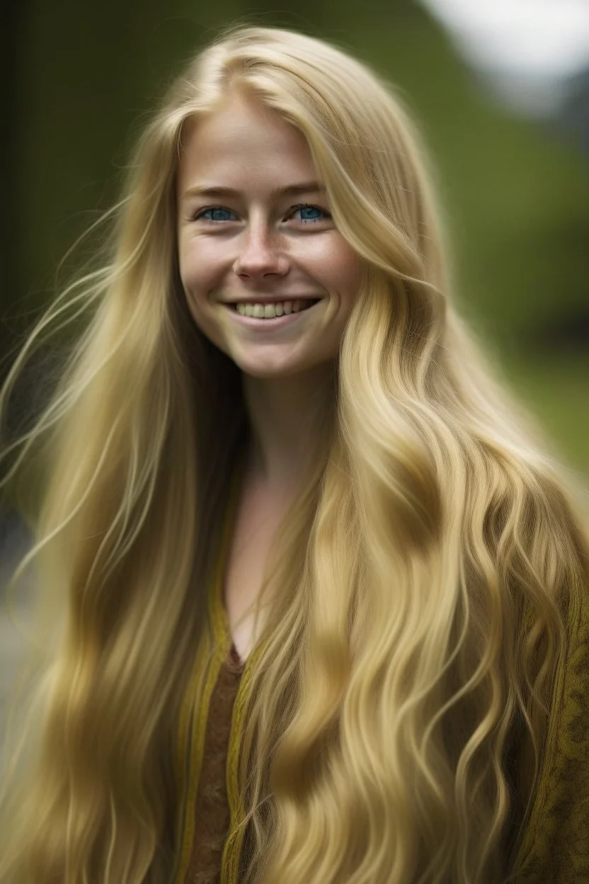 portrait of a Norwegian woman with super long blond hair, warm-hearted