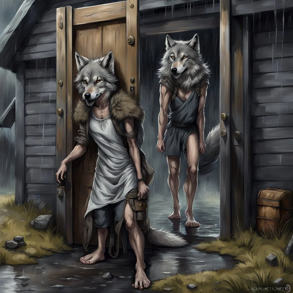 fantasy digital art of kicked out of the house out the door with his foot an tall angry anthro wolf man in dark gray body hairy kicks she out the door , a very sad little anthro wolf she have wolf face gray hairy wolf body and wears just a short canvas rag around her waist , she have sadly face , rain , behind she , behind in rustic halb open door in an massive wooden house, rainy day, detailed, fantasy mood