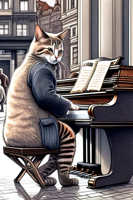 One single mature cat playing piano on the street, Vienna, friendly, model style, hyper realistic, extremely accurate, delicate, extremely detailed, Graphic novel style, wide-angle, open aperture, superfine pencil