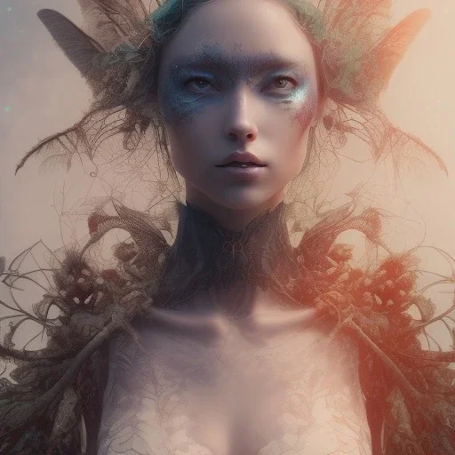 Portrait of beautiful girl, plant, metal, feathers, Dryad, fae, sidhe, ominous, nature, plants, wildflower, facepaint, dnd character portrait, intricate, oil on canvas, masterpiece, expert, insanely detailed, 4k resolution, retroanime style, cute big circular reflective eyes, cinematic smooth, intricate detail , soft smooth lighting, soft pastel colors, painted Renaissance style, 800mm lens