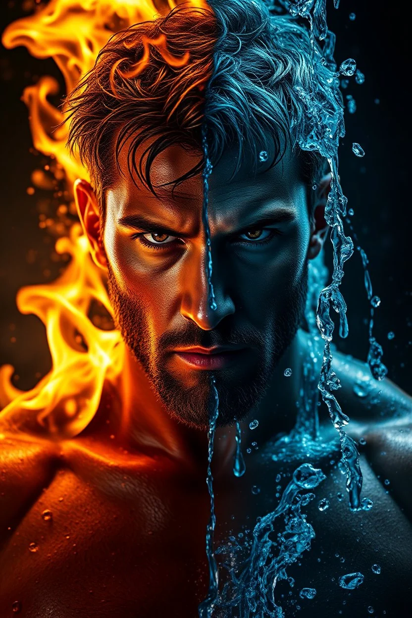 A hyper-realistic cinematic portrait of a determined man standing between fire and water, symbolizing duality and balance. The left side of his face and body glows with fiery orange flames, sparks rising around him, while the right side is drenched in cascading blue water, droplets frozen in motion. His intense gaze conveys strength and inner conflict. Sweat and water glisten on his skin, reflecting the dramatic lighting. Dark moody background with a sharp contrast between warm fire tones and co