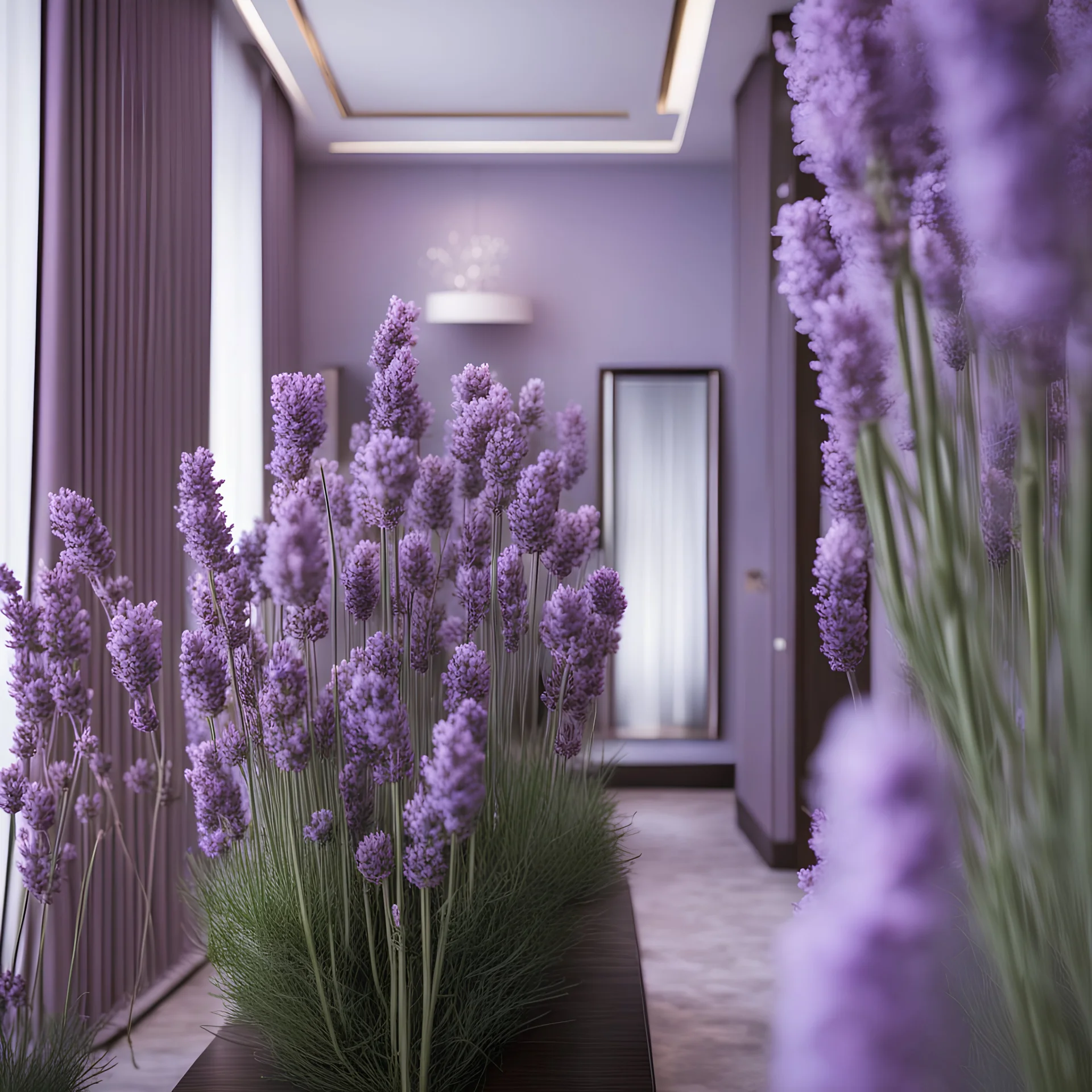 Concept of lavender flower in a hotel hall, modern style, lavender colors