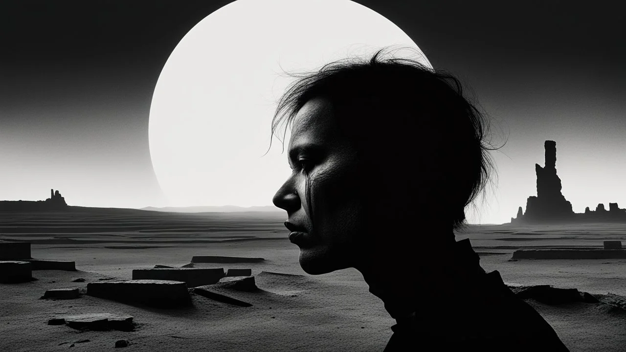 black and white portrait, a human face in profile, gaze into nothingness, three red engraved stripes on the face, alone, pain, background behind it a surreal, barren landscape, ruins, and a black sun. dark, thriller, gloomy vibe, utopian, dramatic