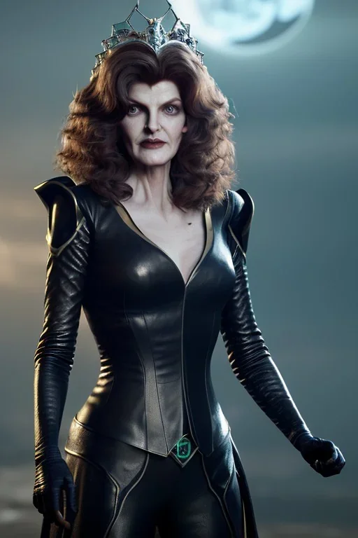 younger Rene Russo as evil queen in leather, cleavage, angry, stern look, unreal 5, octane render,cinema4d, dynamic lighting, dramatic lighting, 4k, redshift render, highly detailed, hyper realistic