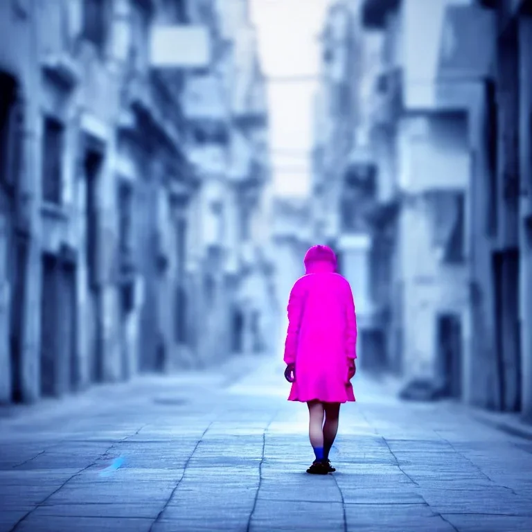 Beautiful lonely girl who walks along a street without people at dawn. You see her from behind. She wears a very short blue dressed. She has pink short hair with glowing crystals. Full body, 8k resolution concept art. Professional Photo HD. Stylish. Warm vivid colors. Panoramic