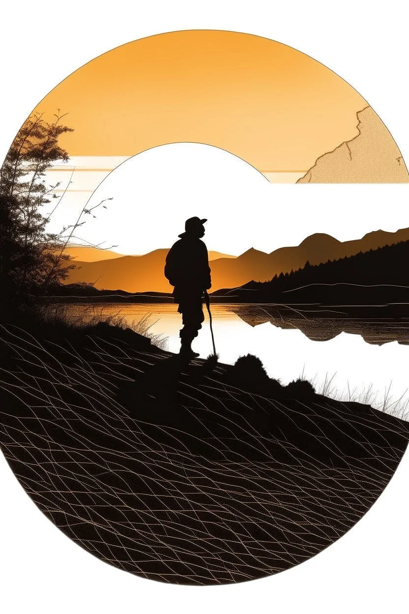 A circlular edge made from small outdoor drawings. inside circle a silhuet hiker walking next to a lake in a mountain scenery in sunset