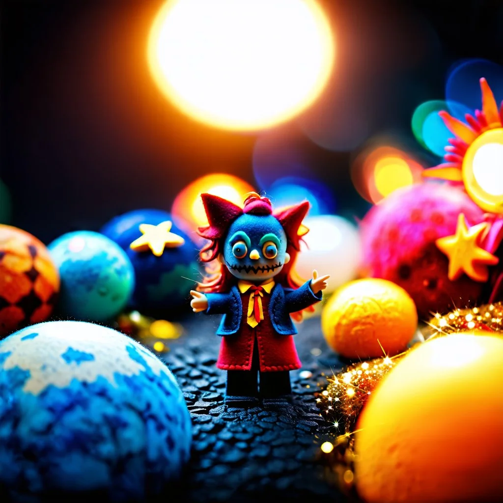 Detailed people, creepy street made of modeling clay and felt, village, stars, galaxy and planets, sun, volumetric light flowers, naïve, Tim Burton, strong texture, extreme detail, Yves Tanguy, decal, rich moody colors, sparkles, Harry Potter, bokeh, odd