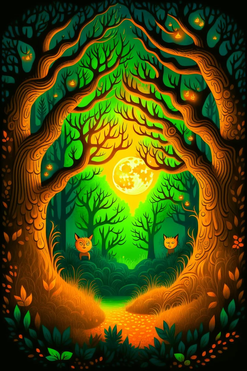 Design a cover featuring an enchanted forest with trees adorned with glowing jack-o'-lanterns, mystical creatures like owls and bats, and a crescent moon casting an eerie glow.