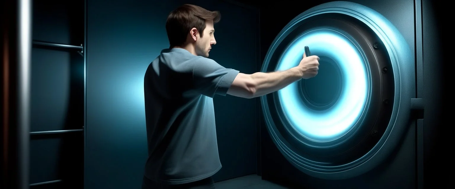 scared man sticks his arm into teleportation device portal for testing, the arm comes out of a portal behind his back