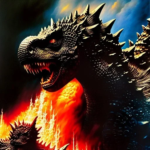 portrait oil on canvas, Godzilla ,comic book cover, mystical colors,insanely detailed,realistic,intrincate detail, 16k resolution, masterpiece,Frank Frazetta,Alex Horley, Simon Bisley,Oscar chichoni