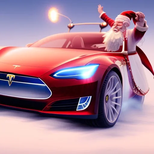 Santa claus driving his red Tesla convertible car, character design by cory loftis, fenghua zhong, ryohei hase, ismail inceoglu and ruan jia. unreal engine 5, artistic lighting, highly detailed, photorealistic, fantasy