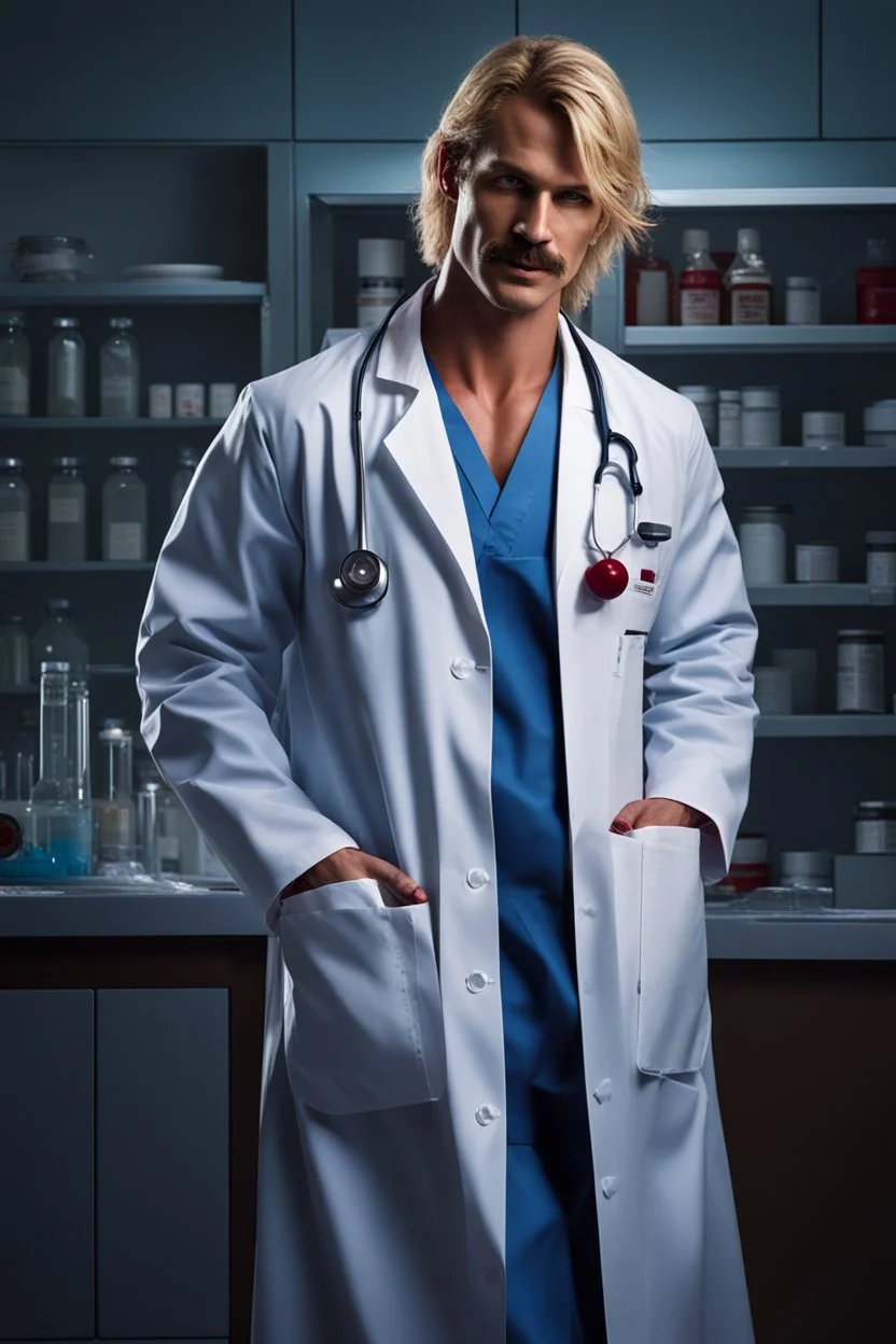 Mid-thirties, Caucasian male doctor, creepy smile, messy blonde hair, blonde thick mustache, pale blue eyes, broad shoulders, muscular, six foot, Hawaiian shirt under white lab coat, bloodstains at the edges of the lab coat. Strong Jaw line, surrounded by shadows, photo realistic