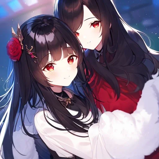 Clear focus, high resolution, black long fluffy hair, red eyes, wearing a cute outfit, kawaii