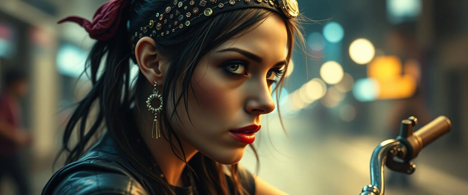 motion blur cyberpunk young bike rMichelle Pfeiffer gypsy vampire with head band mods painted by Rembrandt and Titian and Giger