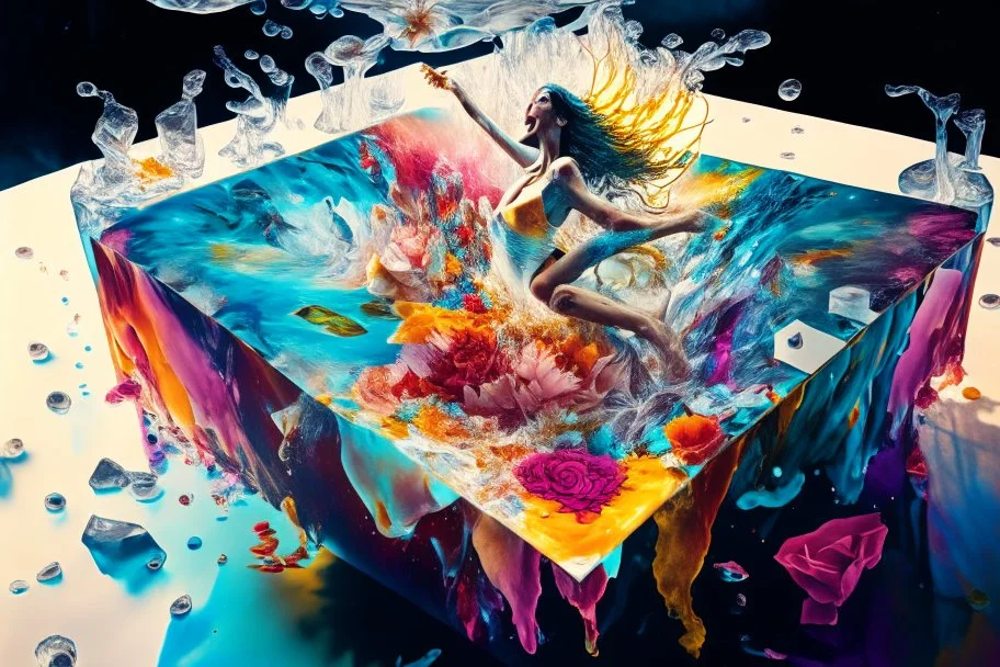 Image capturing the fantastical scene you described, with a central female figure surrounded by an explosion of floral and fluid elements, mixing hyperrealism with a touch of surrealism. The vibrant colors and dynamic movement create an immersive and energetic composition. Image is inside an ice cube on a coffee table.