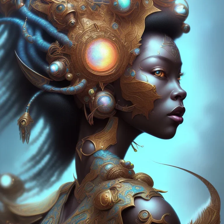 sango fantasy, fantasy magic, intricate, sharp focus, illustration, highly detailed, digital painting, concept art, matte, masterpiece head sexy view black African beauty black afro hair space lady turquoise carp skin African space landslide