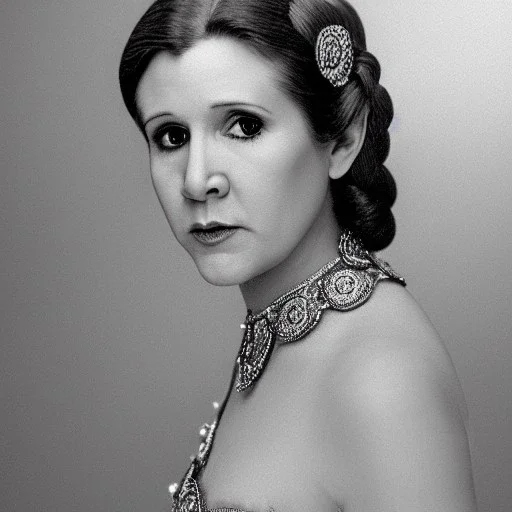 [[extrem stunning photorealistic carrie fisher as princess leia in star wars]] :: [[photorealistic sharp brown eyes, intricate ornate white gown, symmetrical short hair, head and shoulders portrait by Annie Leibovitz, 8k resolution photorealistic hyperdetailed portrait, intricately detailed, triadic colors]] :: [[galaxy background]]