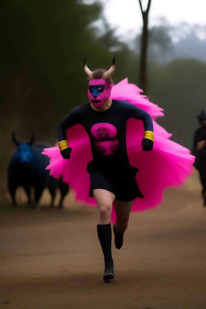 batman adult wearing a bright pink tutu, running away from wild boars.