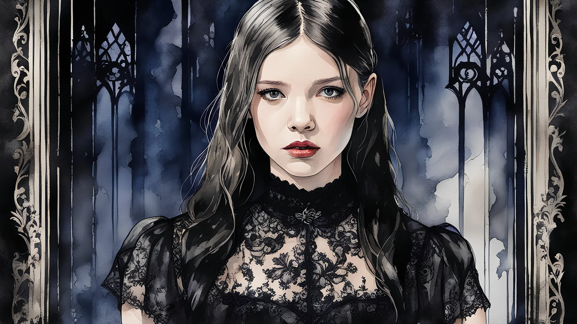 dark watercolor illustration, a black gothic facility background, a pale creepy pale young woman like Scary Mia Goth with parted bangs in a black sheer lace dress, detailed ink, watercolor wash, lithography, art on a cracked paper, dynamic poster, vivid colors, glittering, detailed room background, night, gothic window, close portrait, dynamic pose, perfect face, shadow play, sharp glowing eyes, by Henry Fuseli, John Constable, William Blake, Nicoletta