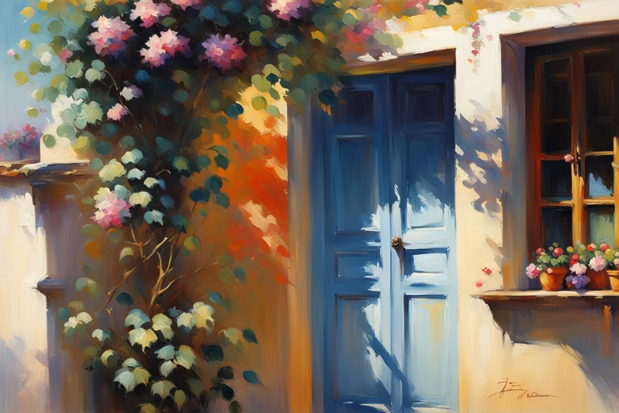 captivating and cinematic impressionist painting by Chen Chun, inspired by Pino Daeni's style, showcases a picturesque village scene. A charming, sunlit house with a potted plant adorned with vibrant, flowering vines sits at the forefront. The sunlight casts stunning shadows and highlights, creating depth and dimension, while the background reveals a serene Mediterranean landscape with elegant and refined elements. This conceptual art masterpiece, created by @challenge2pt, is a 3D render that ex