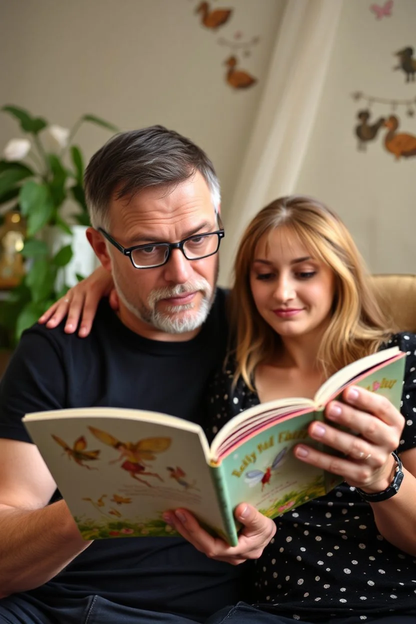 A man, curious and slightly skeptical, picks up his wife's fairy book for the first time. As he flips through the pages, he finds himself drawn into a world of enchantment and wonder. The delicate illustrations of fairies, each with their own unique charm, captivate his imagination. He begins to understand why his wife loves this book so much, and he feels a newfound appreciation for the magic and beauty that it brings into their lives. The experience becomes a shared connection, deepening their