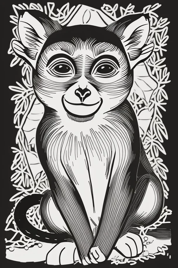 A delightful coloring page design showcasing an adorable baby monkey in a charmingly naive art style. The artist has skillfully created a whimsical scene with minimal details and a focus on bold, thick black outlines. The endearing fox, prominently positioned in the center, is the highlight of this illustration. The all-white background beautifully complements the simplistic design, allowing young artists to unleash their creativity. As the baby fox takes center stage, a subtle hint of its