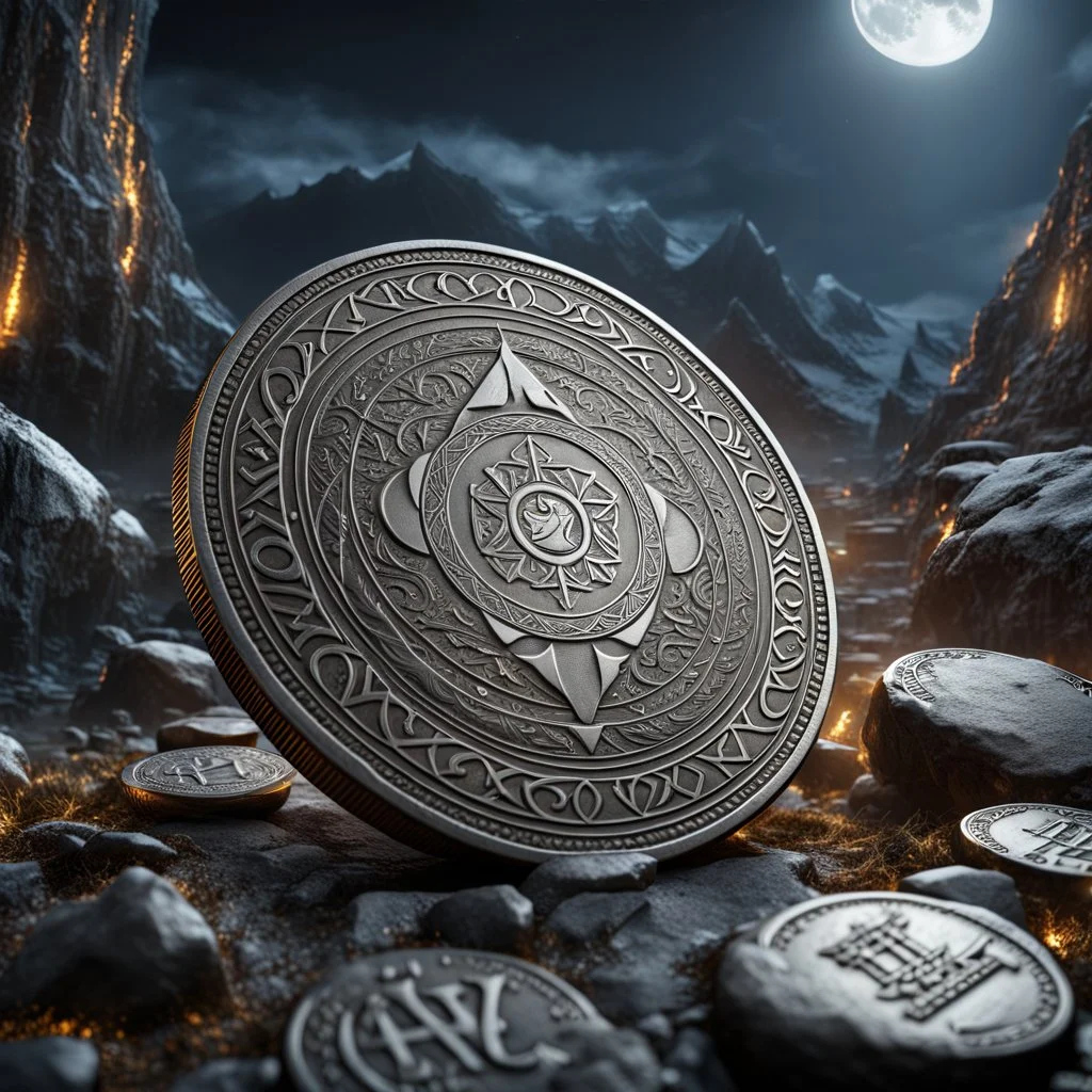 a silver coin called a moon standing on edge. ancient viking runes. flat coin. show one whole coin front on at a distance. fantasy concept art, exquisite realism, a masterpiece, dynamic lighting, hyper detailed, intricately detailed, deep color, Unreal Engine, volumetric lighting , Epic cinematic brilliant stunning intricate meticulously detailed dramatic atmospheric maximal,