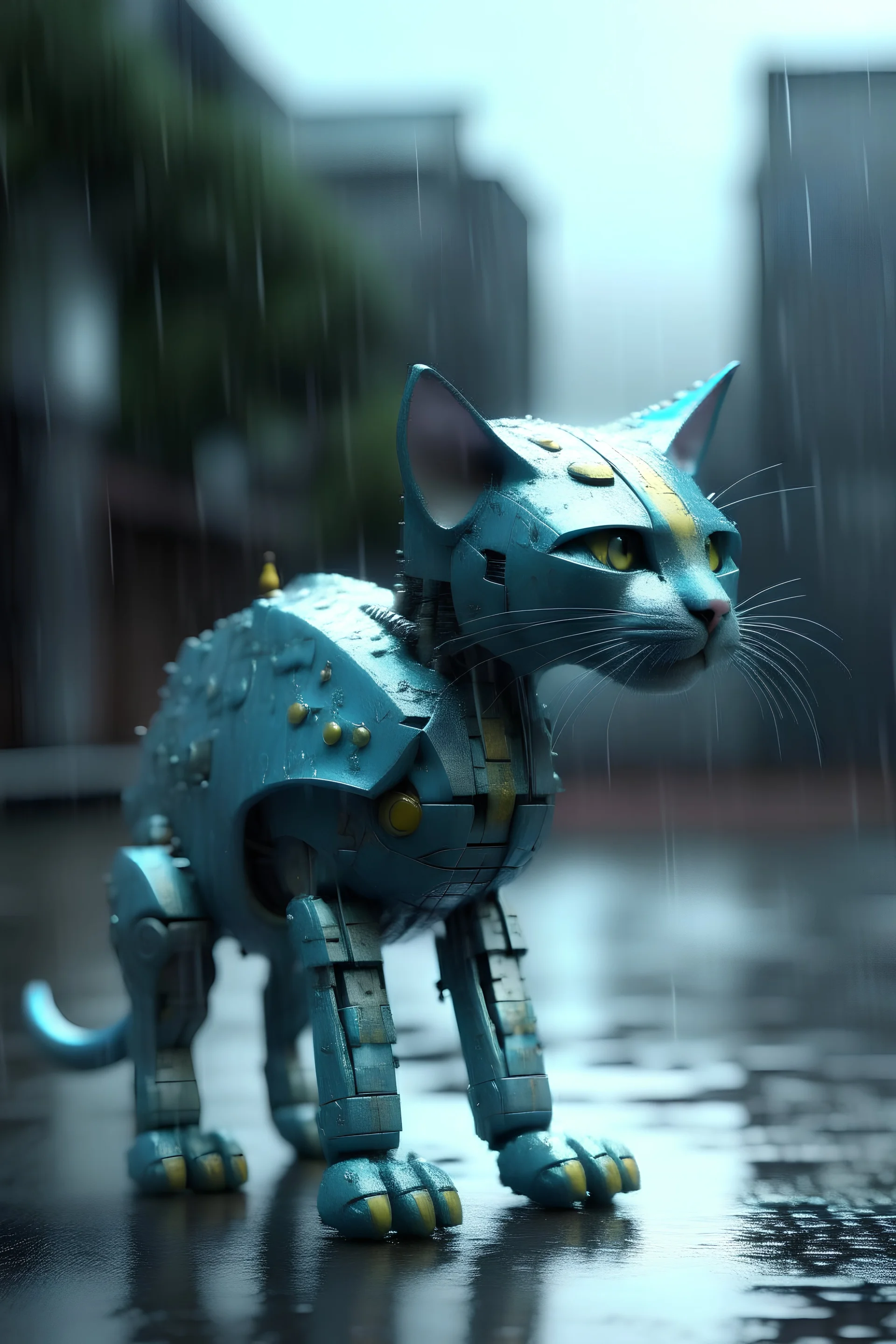 gato robótico en la lluvia