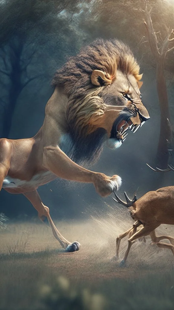 A lion attacking a deer, a realistic picture, a cinematic scene, more accuratehdr 8k